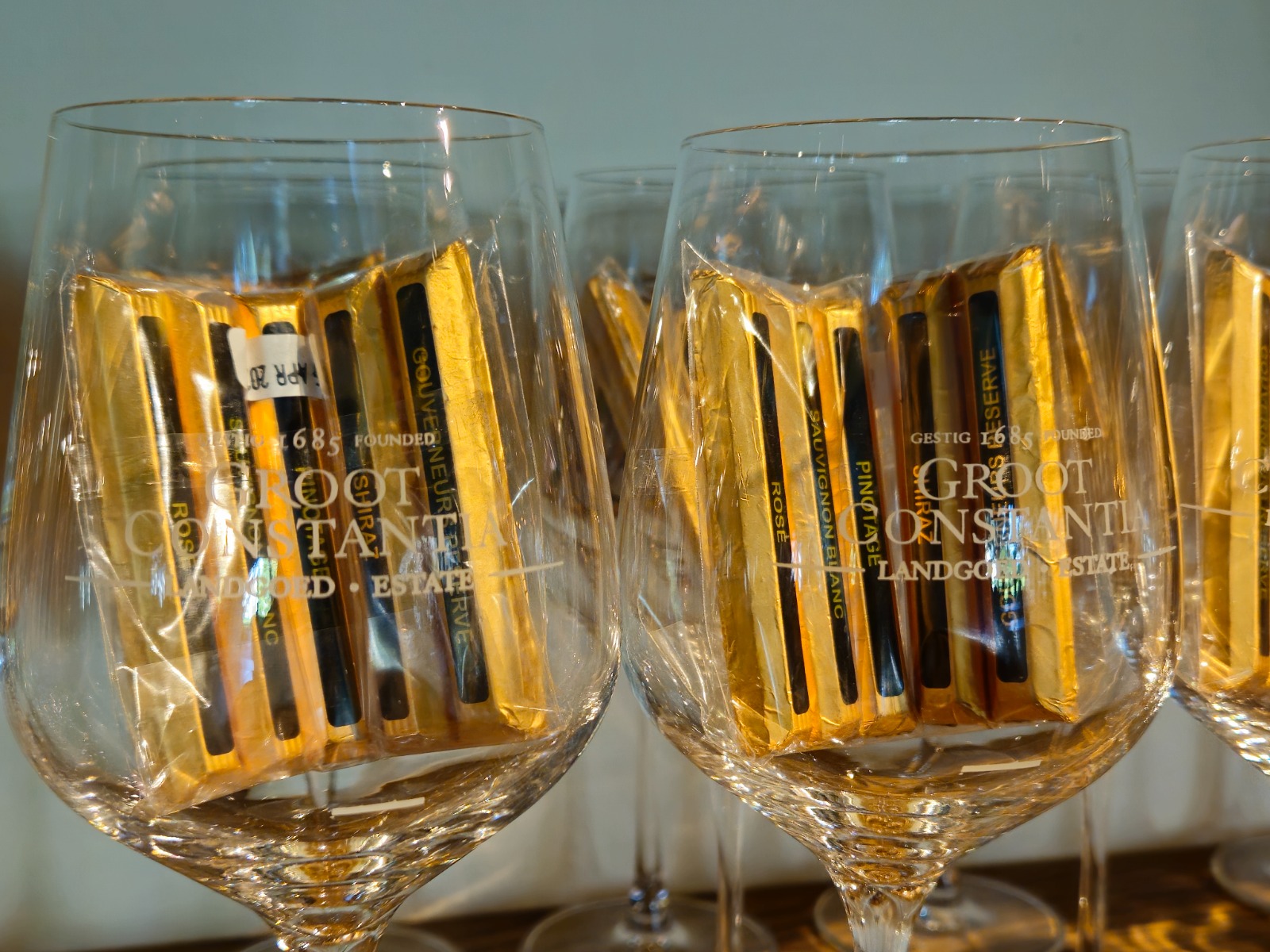 Wine glasses with chocolate at Groot Constantia